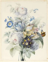 Un bouquet de fleurs comprenant des roses, des tulipes perroquet, des myosotis, des perce-neige, des auricules et des ipomées avec un papillon imaginaire
